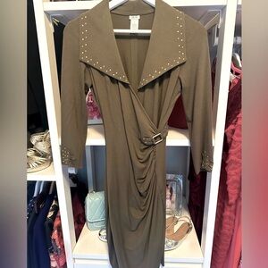 Cachè Olive Green Faux Wrap Dress with Side Belt and Studded Collar